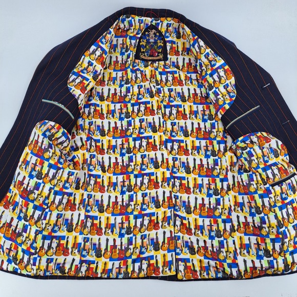 Robert Graham Blazer Mens L Wool Navy Blue Orange Pinstripe Guitar Lining Jacket - Picture 7 of 11